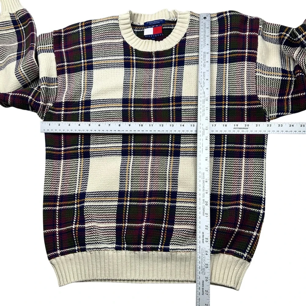 VTG Tommy Hilfiger Plaid Crew Neck Chunky Sweater Cotton Mens‎ M Burgundy Navy